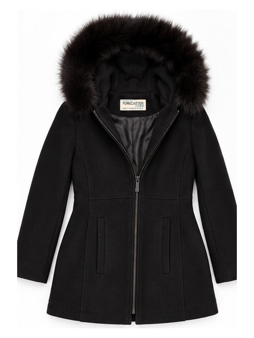 Forecaster Boston Black 100% Wool Genuine Fox Hooded Coat